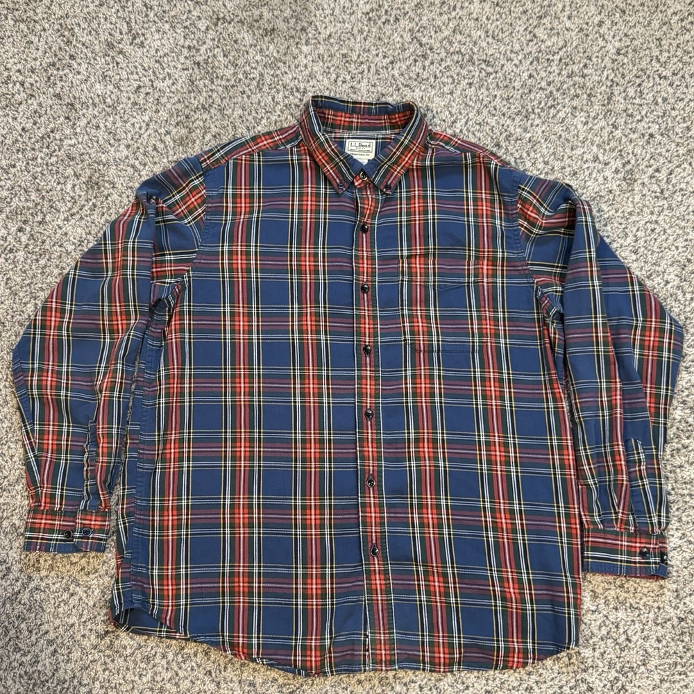 LL Bean Mens Flannel Shirt Large Blue Red Plaid Traditional Fit Cotton 228061